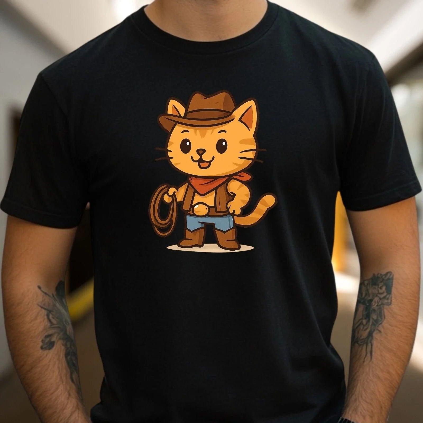 Mens Cowboy Cat Print Cotton T-Shirt Size XS to 5XL