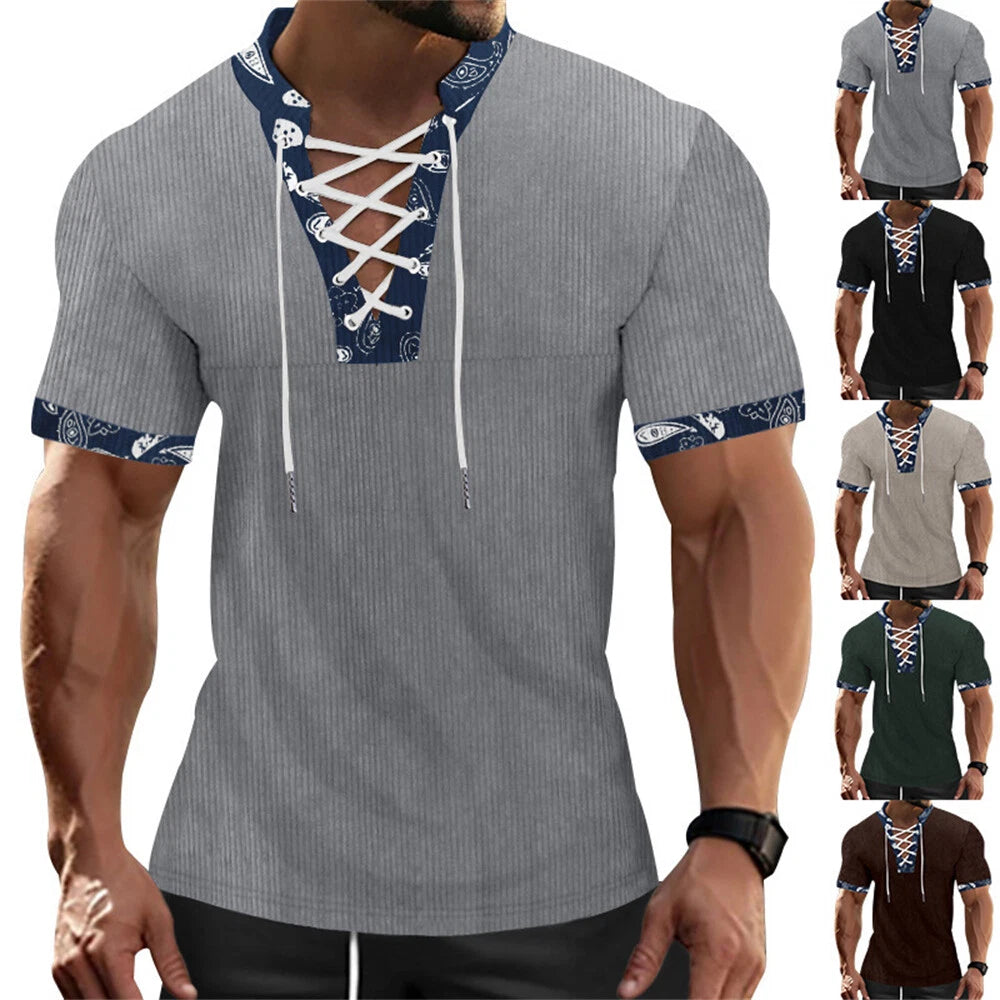 Men's Short Sleeve Fashion T-Shirt Classic Casual Slim Laceup Shirts