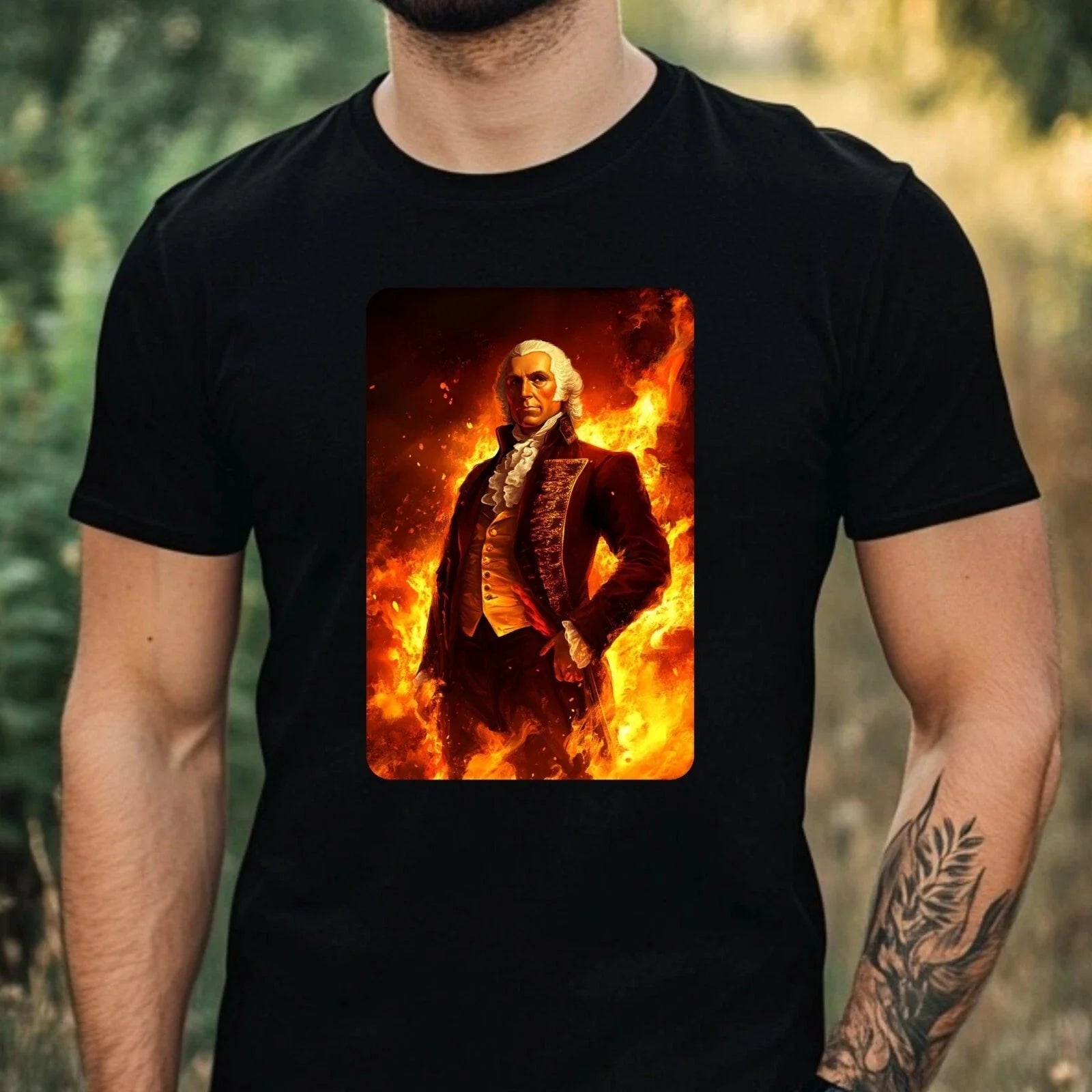 Mens George Washington On Fire Motif Cotton T-Shirt Size XS to 5XL