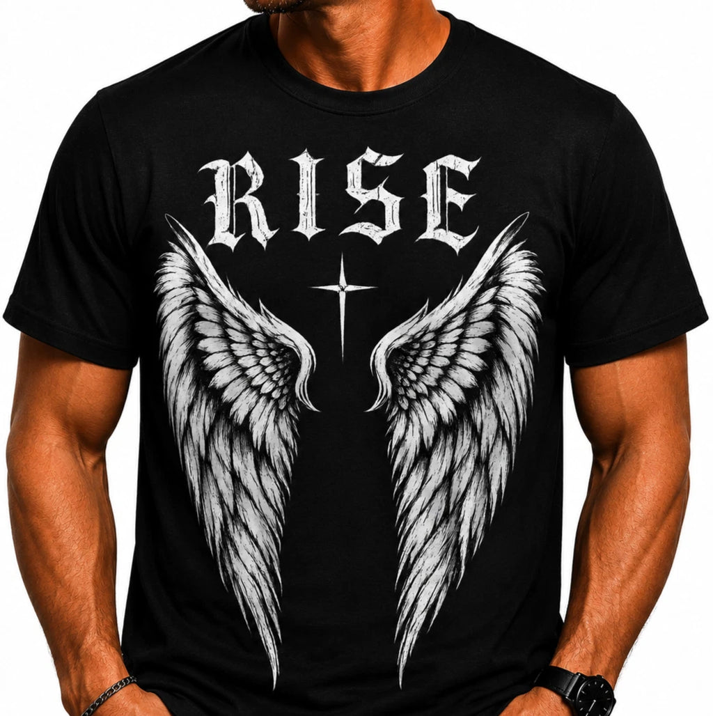 RISE & CONQUER Men's Graphic T-Shirt Black Angel Wings Cross Goth Punk Biker
