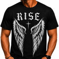RISE & CONQUER Men's Graphic T-Shirt Black Angel Wings Cross Goth Punk Biker