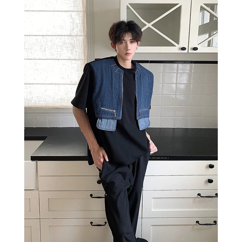 Men Fashion New Punk Short Splicing Design Denim Summer T Shirt Top