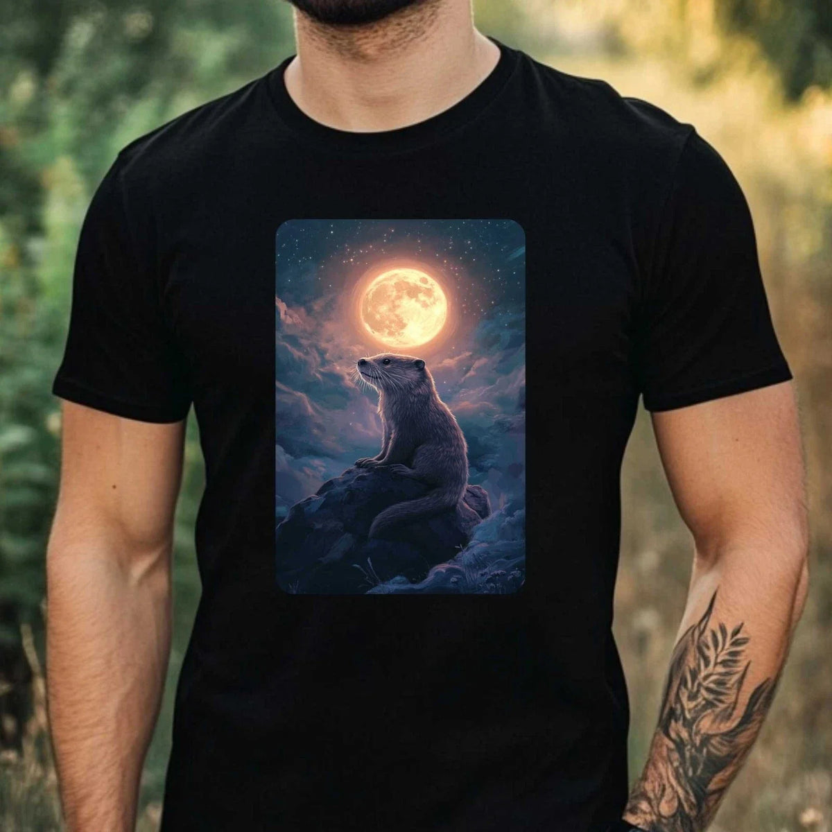 Mens Otter at Full Moon Motif Cotton T-Shirt Size XS to 5XL