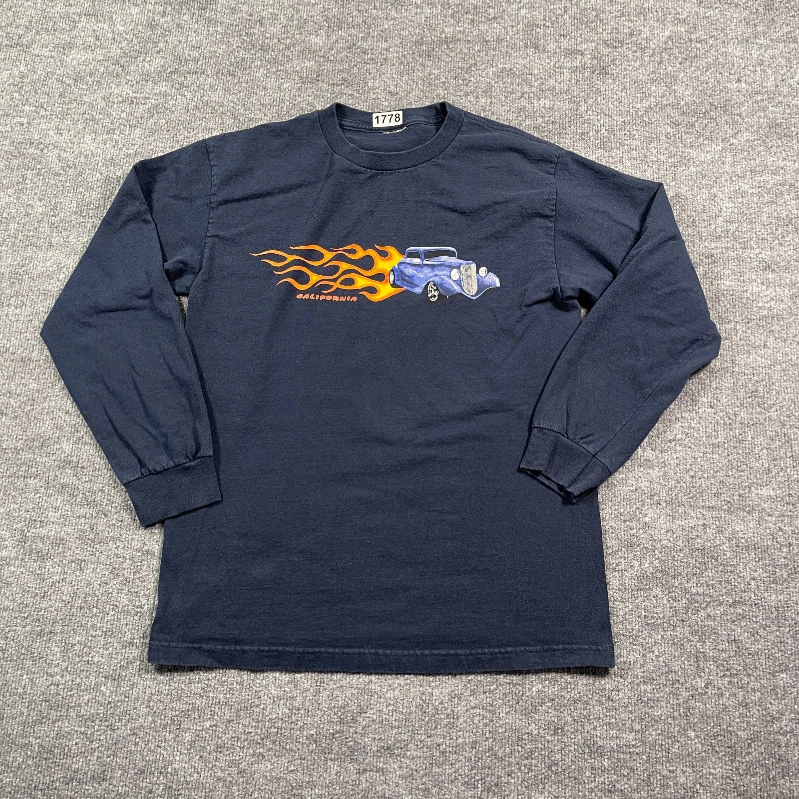 Vintage 90s California Fire Flame Hot Rod Shirt Medium 18x26 Blue