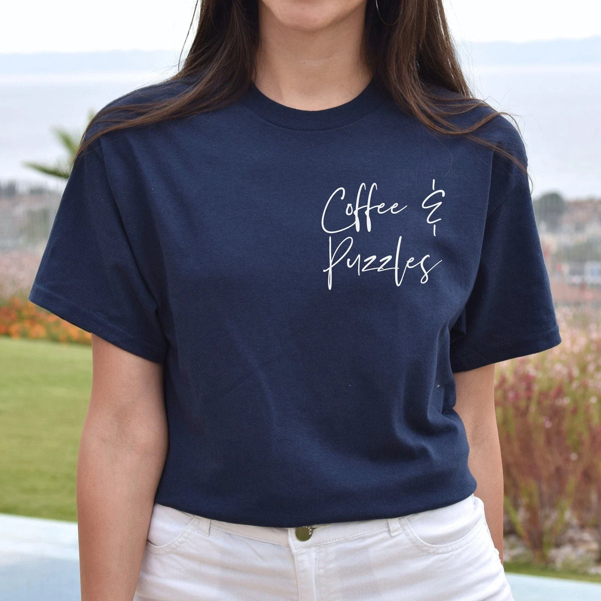 Coffee and puzzles pocket Unisex T-shirt Puzzles lover tee Black Navy Dark Heath