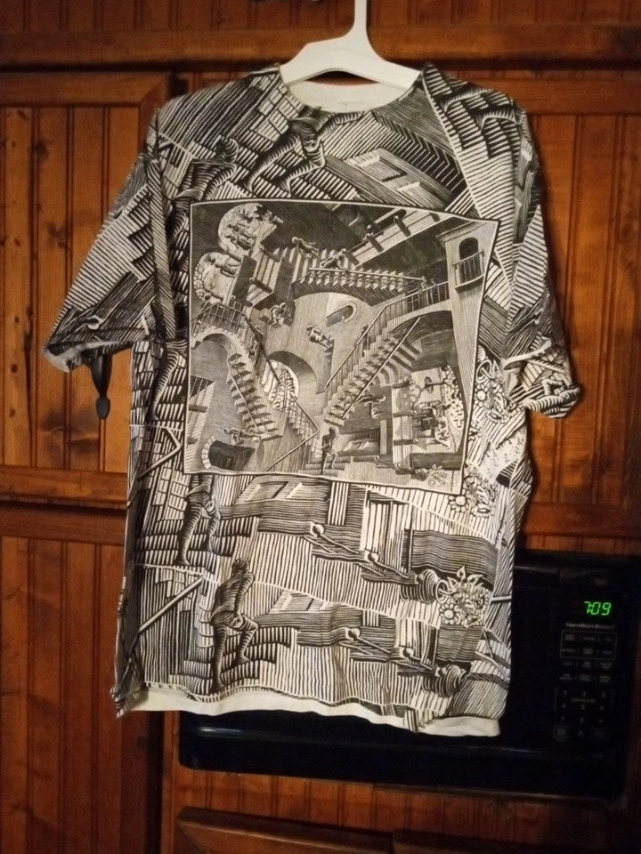 Vintage Mc Escher Tshirt All Over Art Artist Aop Relativity Staircase shirt L