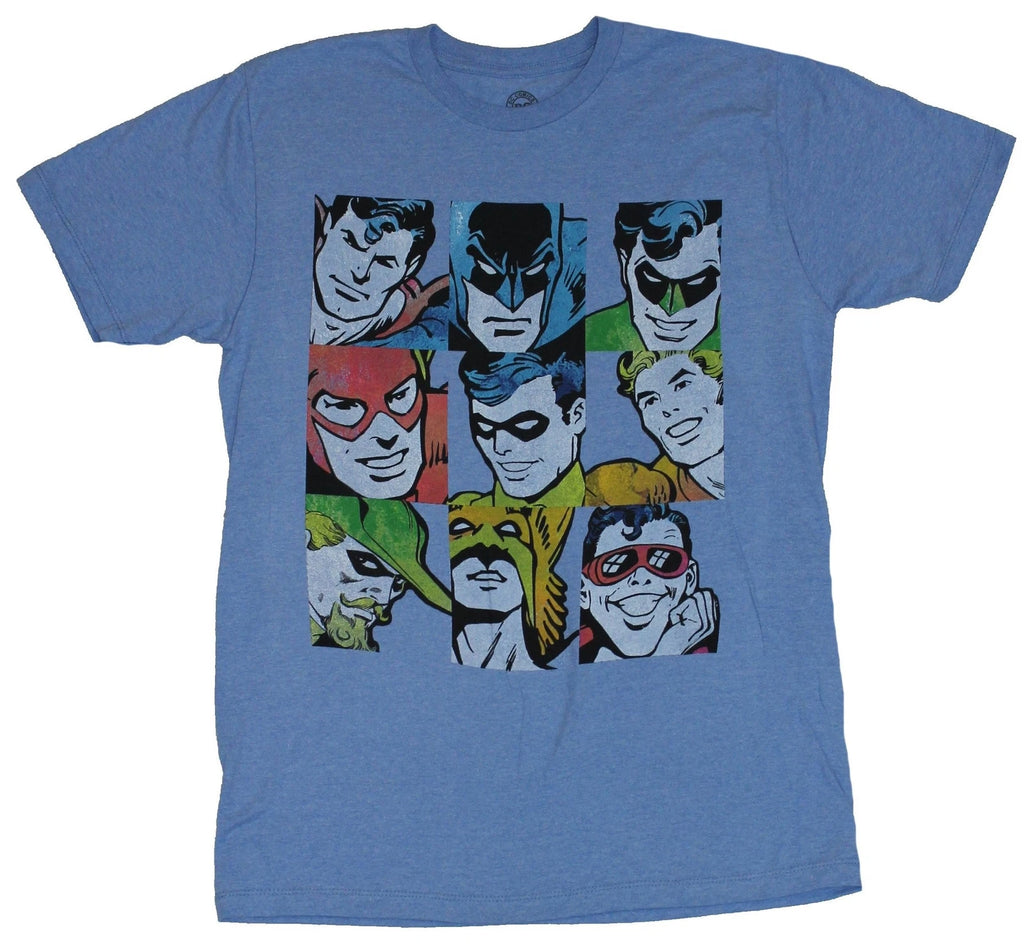 Justice League Adult New T-Shirt - Distressed 9 Box Simple Colored Heroes