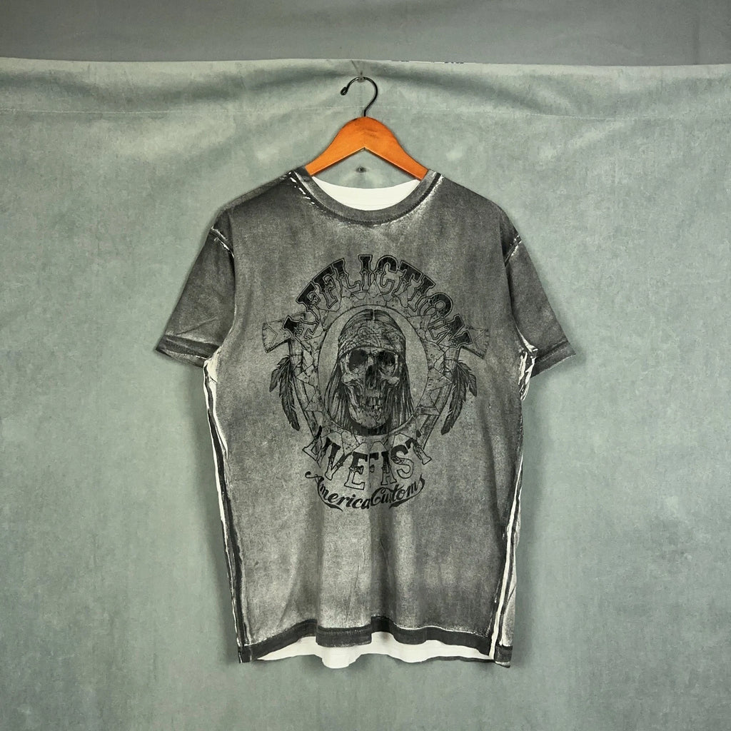 Vintage Y2K Affliction t shirt Mens Size Large Grey Indian Skull Grunge Biker