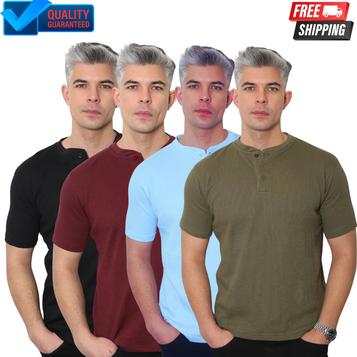 UrbanFit Mens Henley T-Shirt Short Sleeve Waffle Knit Top casual shirt (2310)