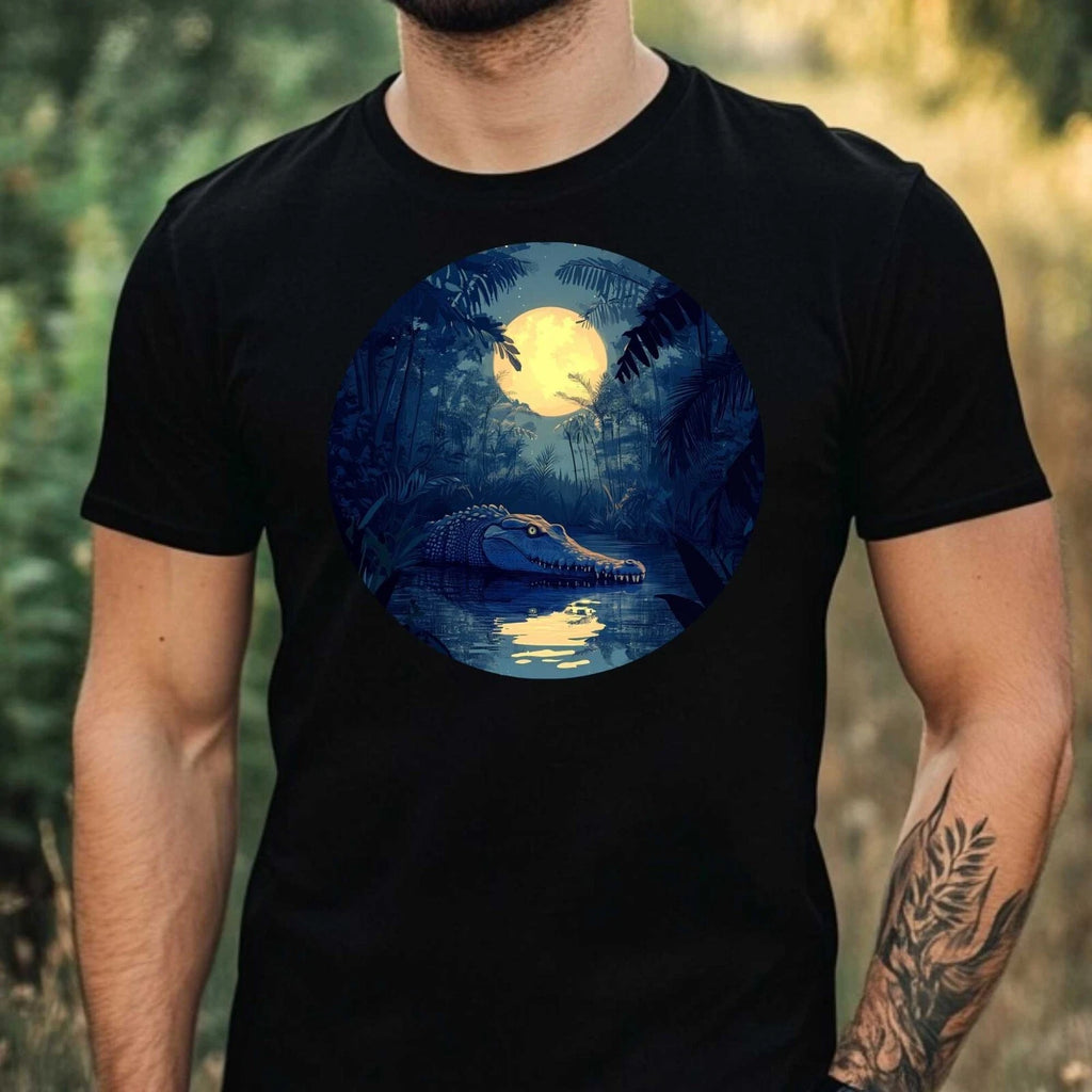 Mens Crocodile In Moonlight Motif Cotton T-Shirt Size XS to 5XL