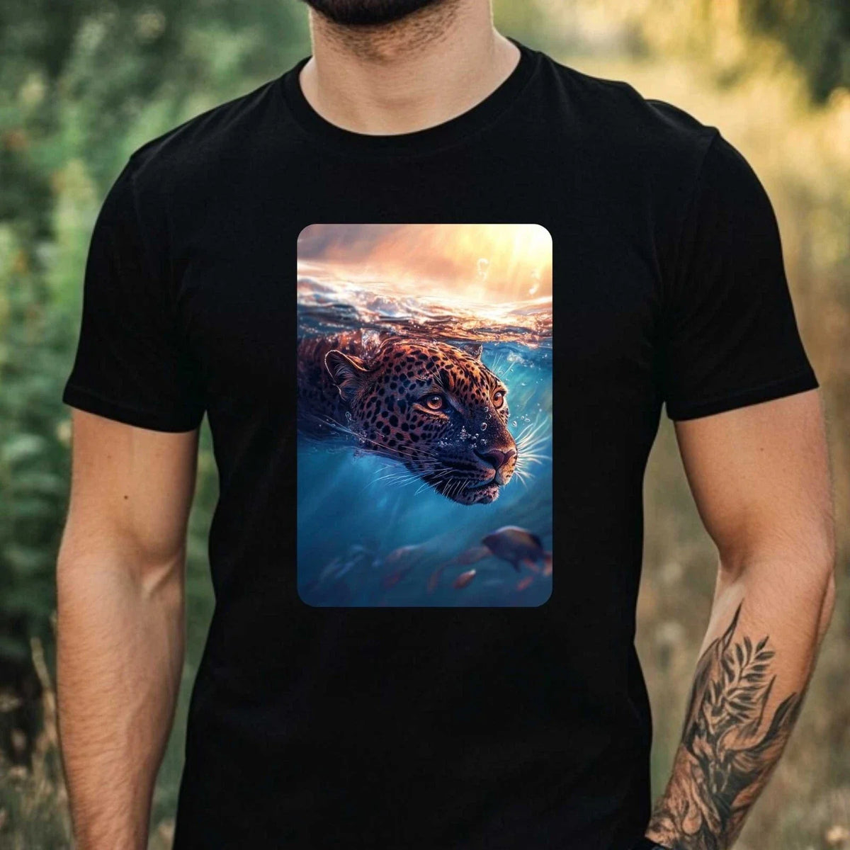 Mens Leopard Swim In Ocean Motif Cotton T-Shirt Size XS to 5XL