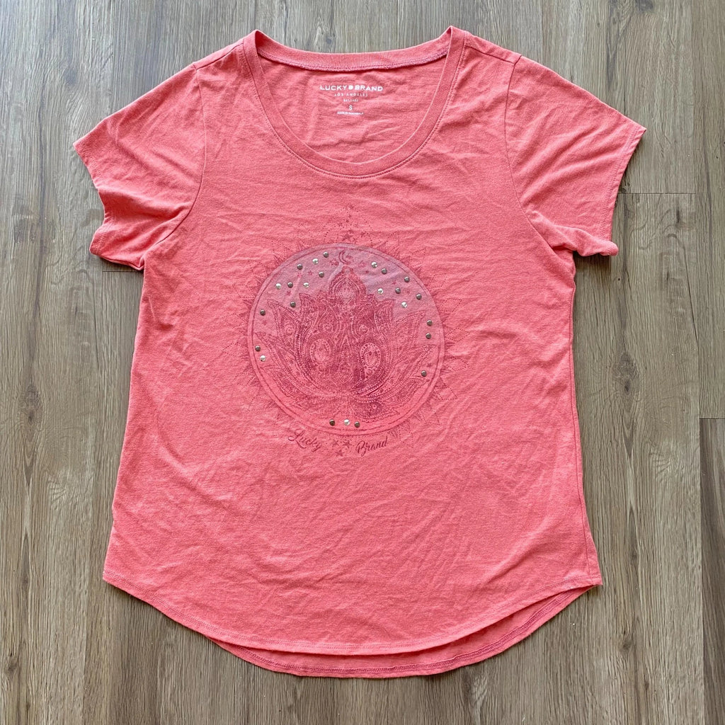 Lucky Brand Lotus Mandala Graphic Shirt Women's S Pink Short Sleeve Flawed