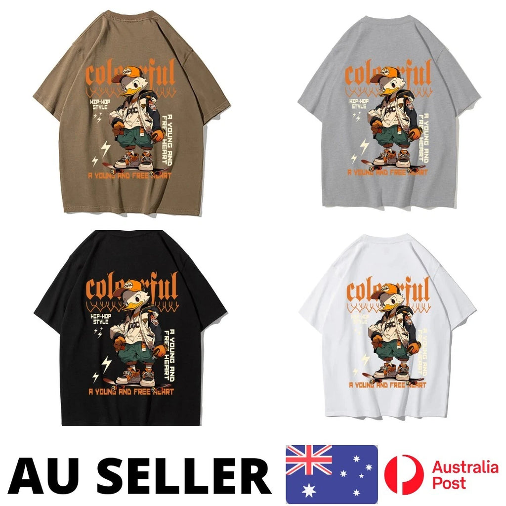 Trendy Anime Duck Skateboarding Print Mens Tee Shirt Cartoon Hip Hop - AU Stock