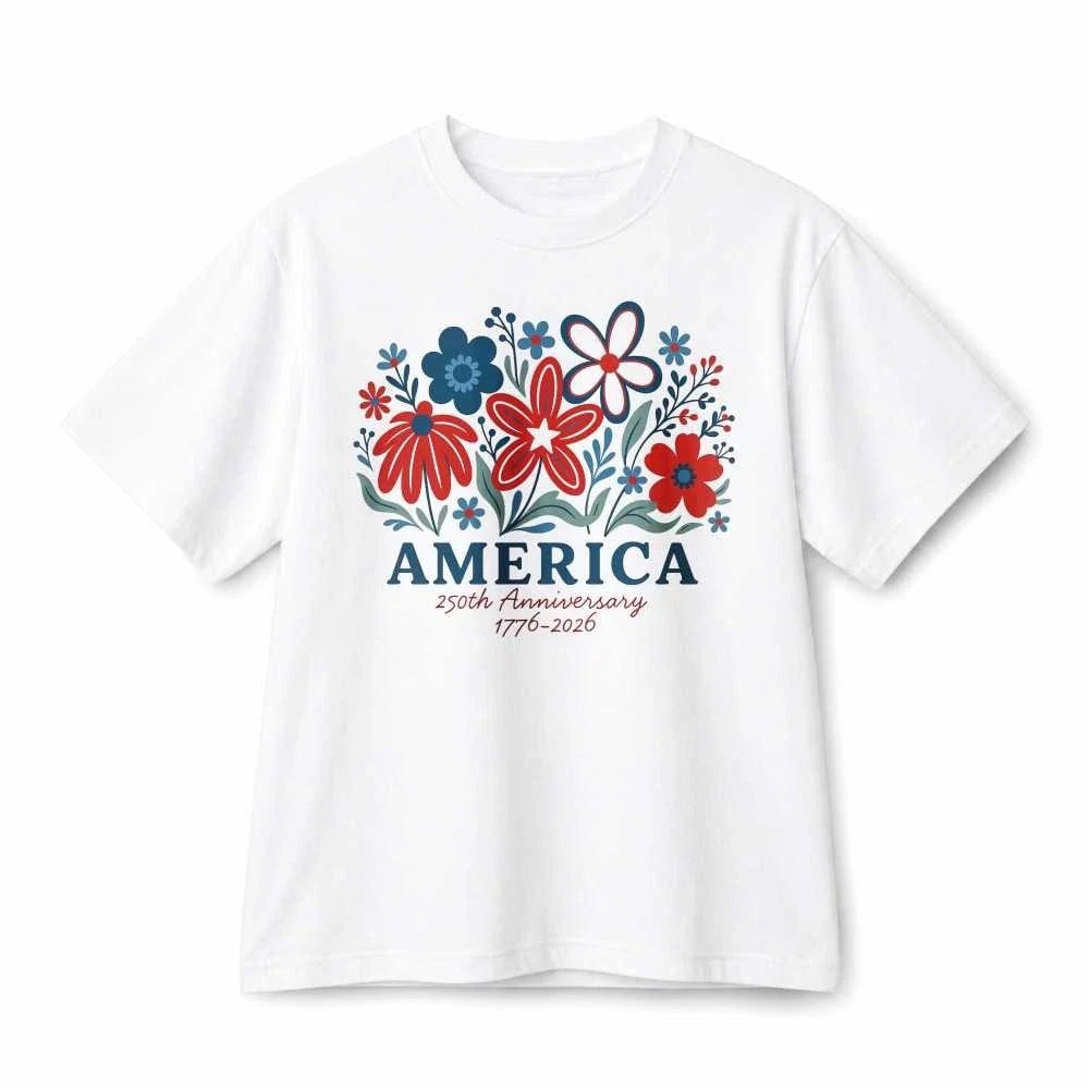 America 250th Anniversary Red Blue Floral Patriotic Retro Graphic Cotton T-Shirt