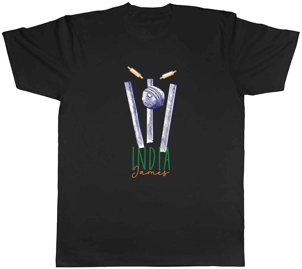 Personalised India Cricket Supporter Men T-Shirt Retro Ball Wicket Stump Fan Tee