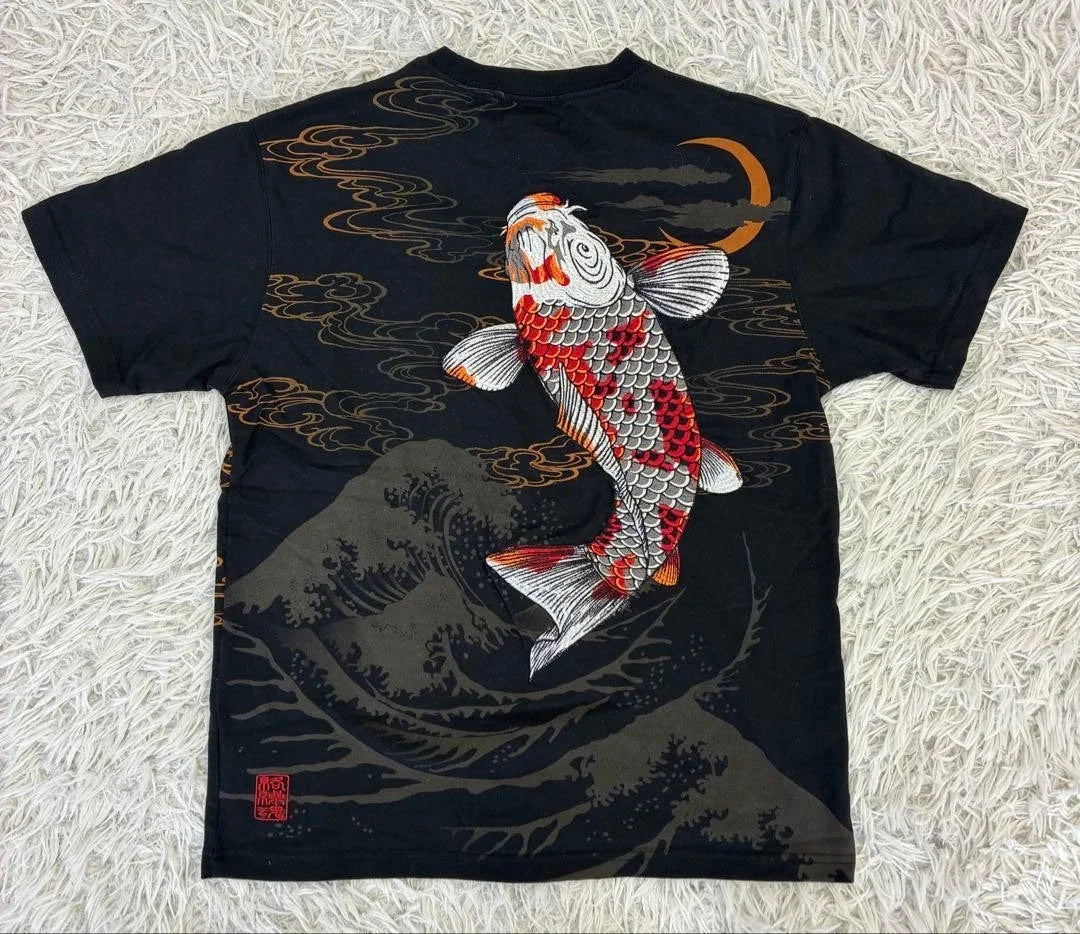 KARAKURI TAMASHII Koi Fish Embroidered T-Shirt Black M Japanese Wagara