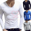 Men Long Sleeve Slim Fit V-Neck Sports Bodybuilding T-shirt Tops Basic Tee C2UK