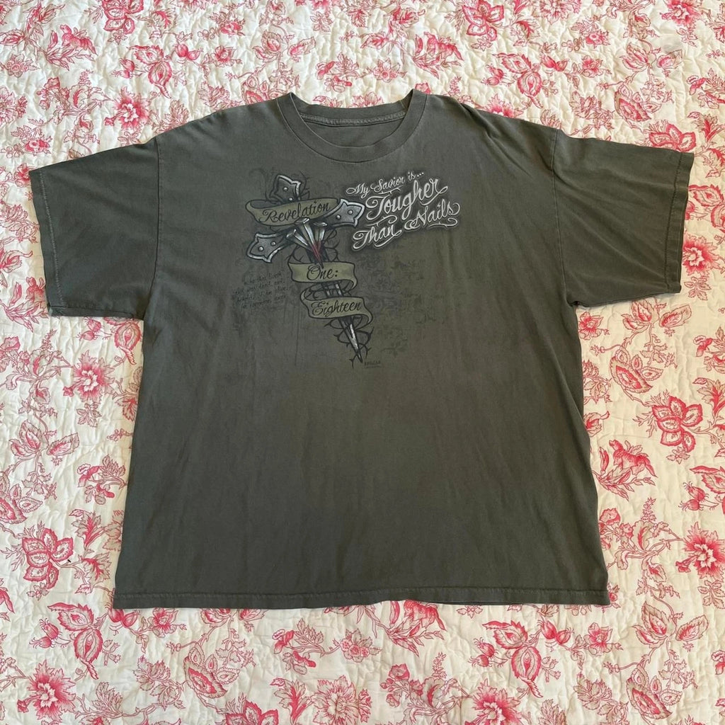Early 2000s Grunge Affliction Army Green tougher than nails Graphic T Shirt!