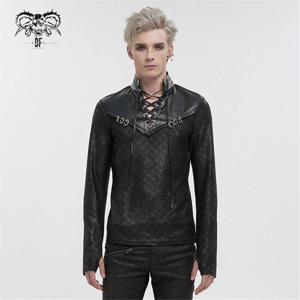 Devil Fashion Man Black Gothic Punk Daily Wear Long Sleeve Drawstring T-shirt