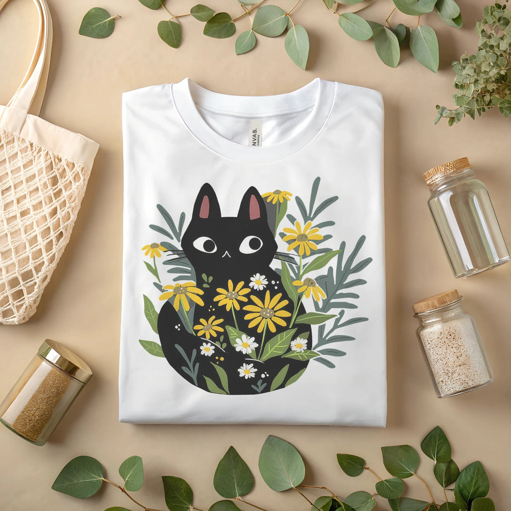Black Cat Floral T-Shirt – Cute Aesthetic Cat Lover Tee for Women & Men A351