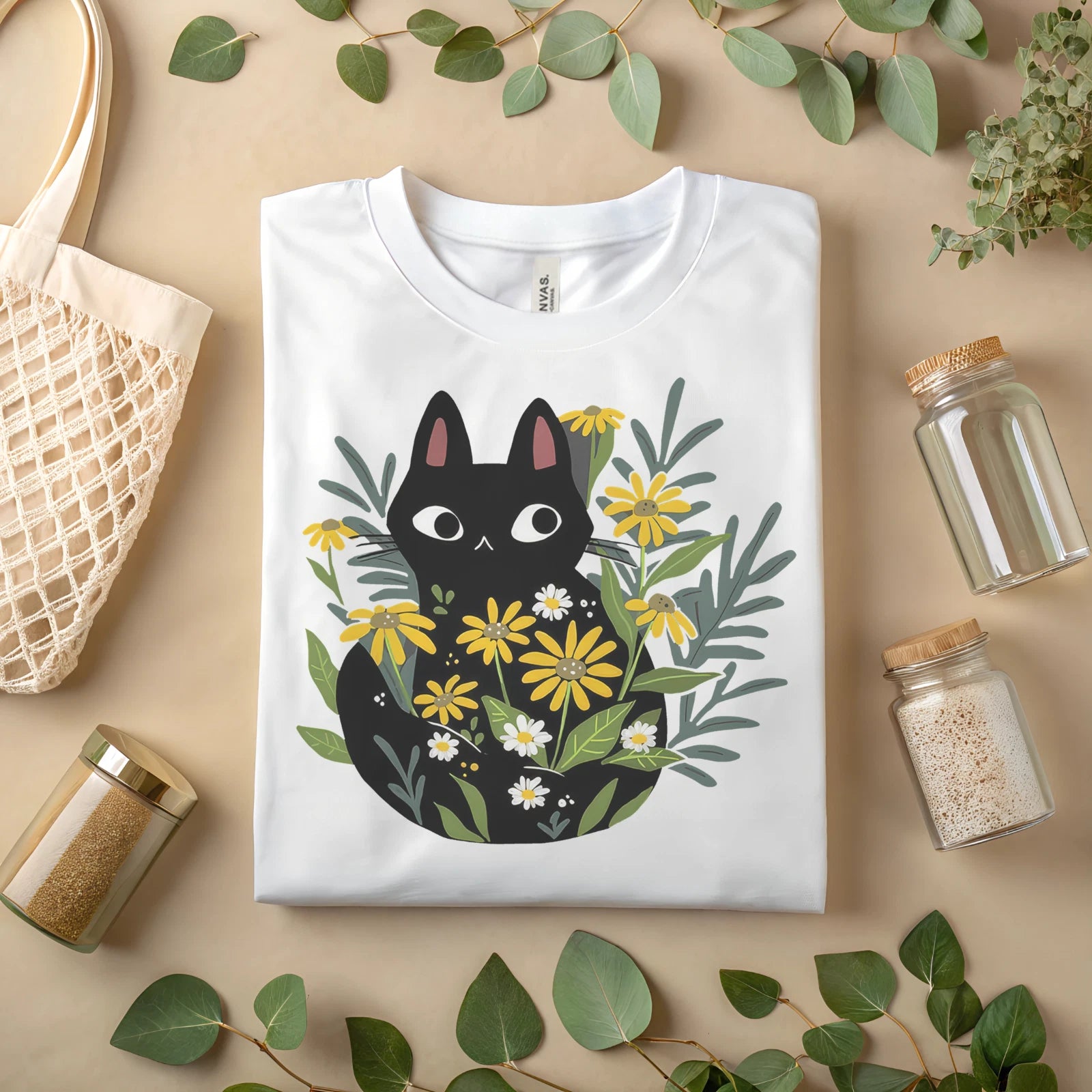 Black Cat Floral T-Shirt – Cute Aesthetic Cat Lover Tee for Women & Men A351