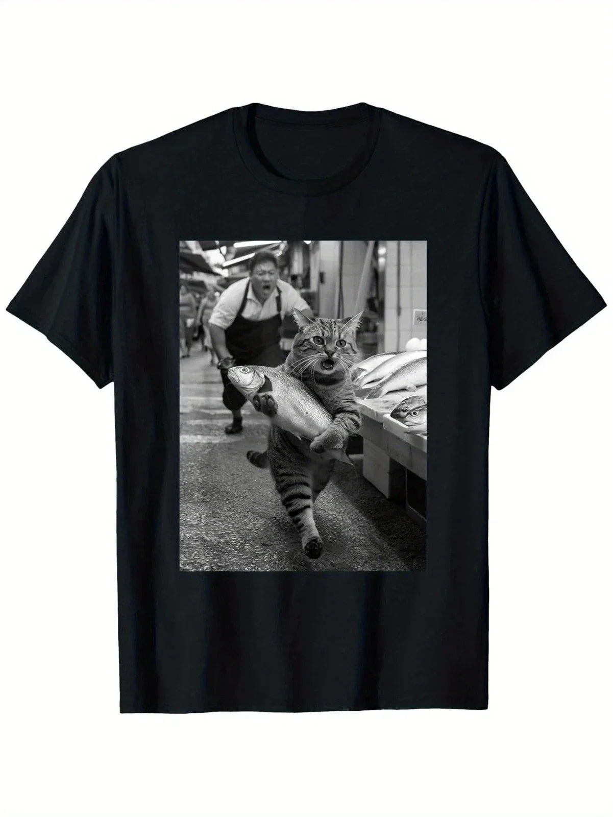 Funny Cat Steals Fish Market Black & White Meme T-Shirt | Unisex | 100% Cotton