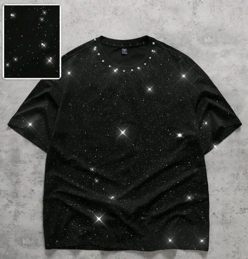 New Men Luxury Sequin Glitter Fashion Black Rivet T-Shirt High Quality