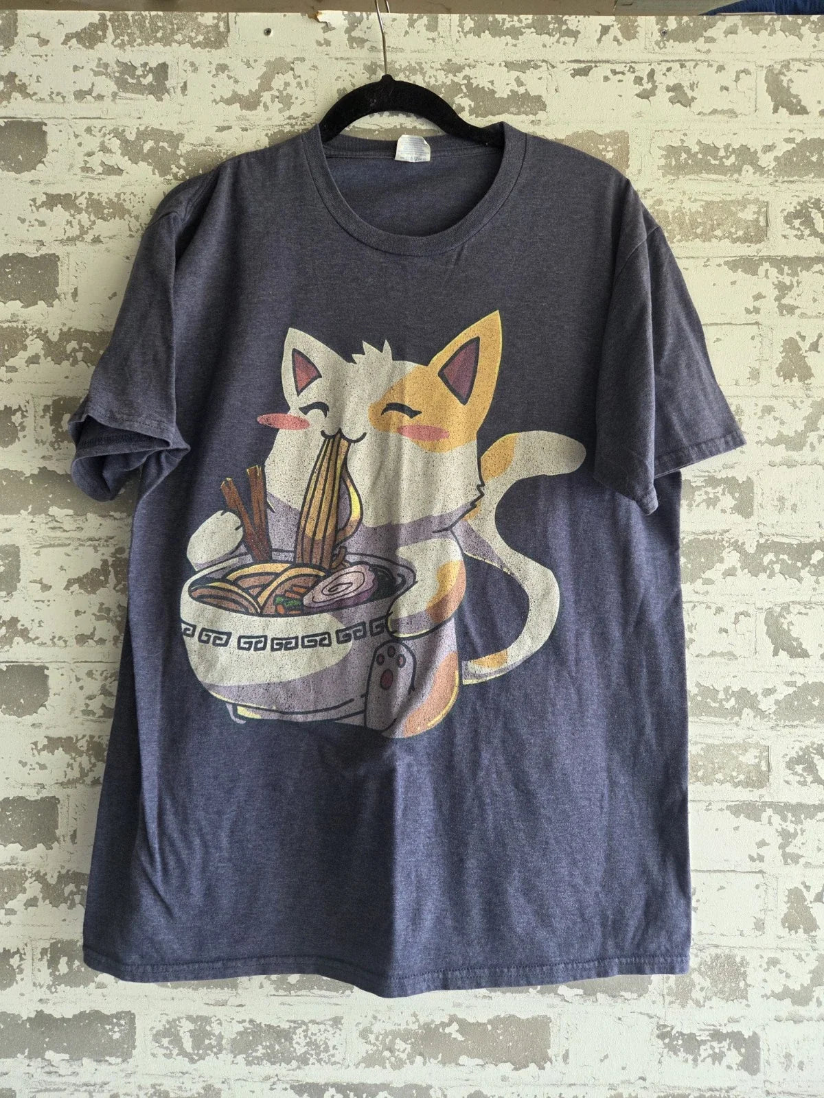 Port & Company Kawaii Ramen Cat T-Shirt Gray Heathered Graphic Tee Adult