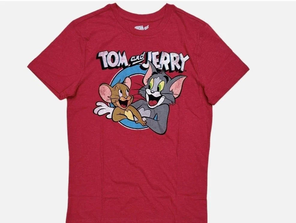 NEW MENS TOM AND JERRY CARTOON DISTRESSED SHORT SLEEVE T-SHIRT RED S M L XL 3X