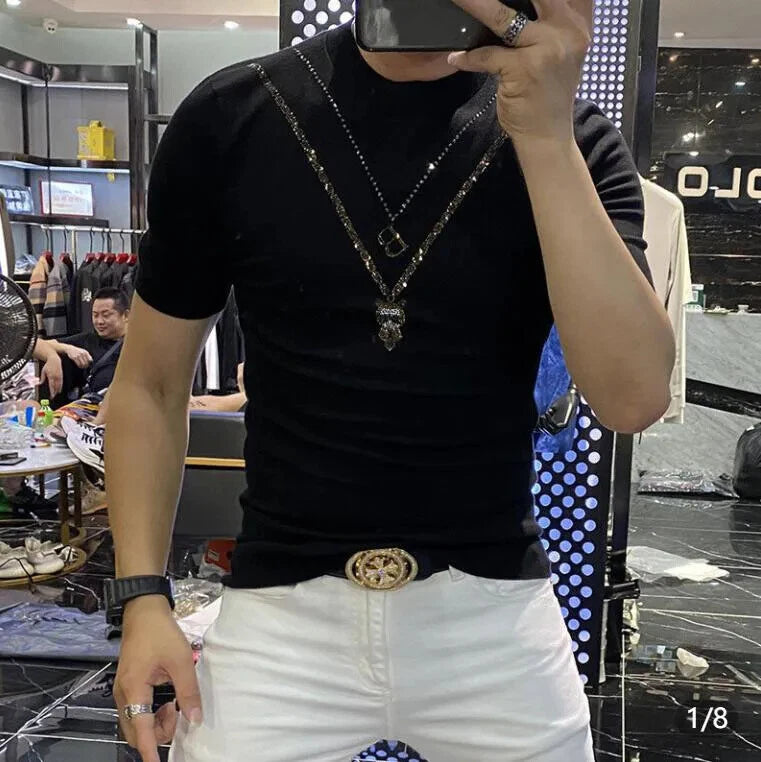 New Men Luxury Diamond Rhinestones Fashion Black White T-Shirt High Quality