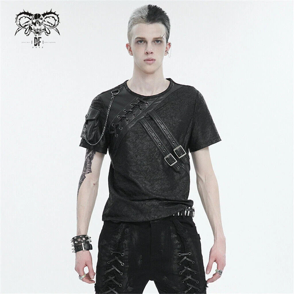 Devil Fashion Men Black Punk Arm Pocket Short Sleeve T-Shirt Casual Slim Tops