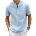 Mens Cotton Linen Shirt Henley Neck Short Sleeve Pocket Casual Beach Top T-shirt