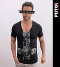 Pistol Boutique Herren Slim Fit Schwarzes Deep V-Neck Skull Cross T-Shirt