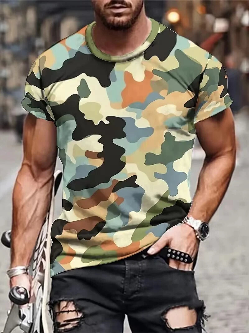 Creative Camo Print Men Summer Short Sleeve Round Neck Sports T-shirt