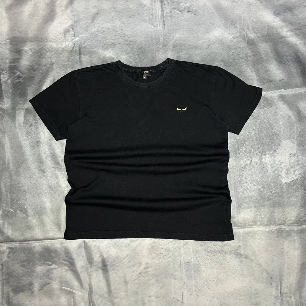 Fendi Black T-Shirt Men's Size XL Small Logo Monster Eyes Cotton Tee Italy