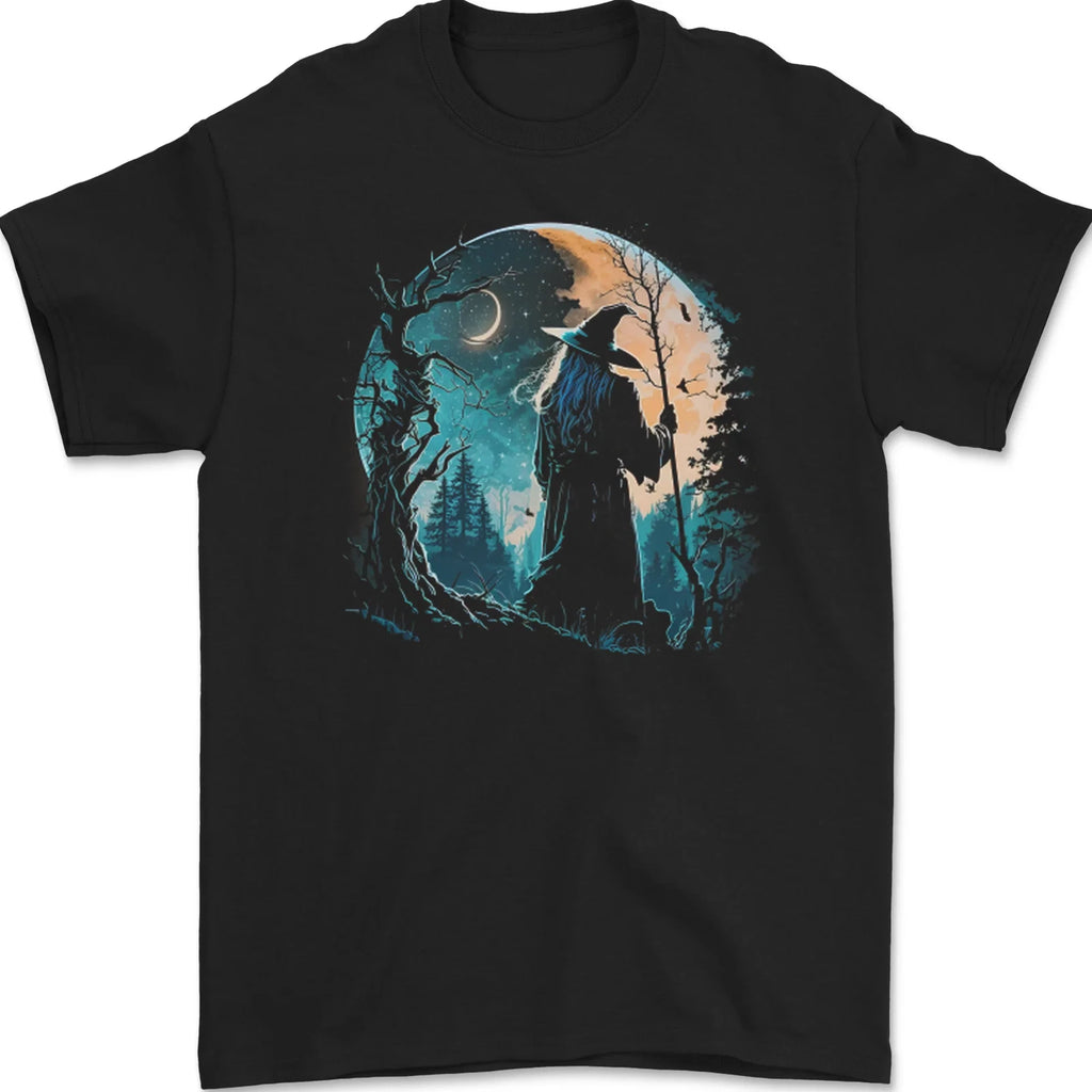 A Wizard Looking at a Fantasy Moon Warlock Mens T-Shirt 100% Cotton