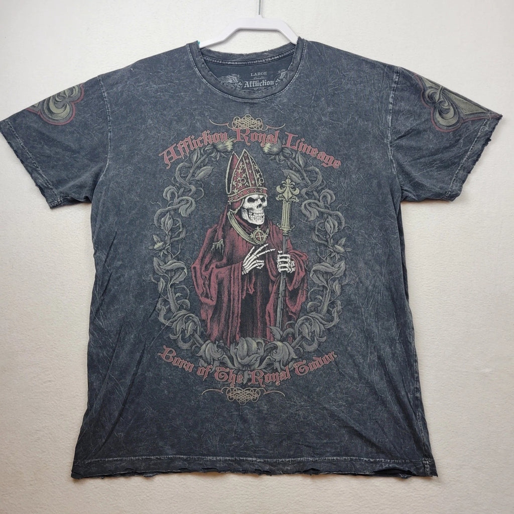 Affliction Mens Royal Lineage Large Gray Distressed Skeleton T-Shirt Tee Y2K