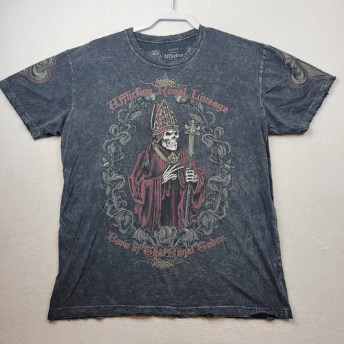 Affliction Mens Royal Lineage Large Gray Distressed Skeleton T-Shirt Tee Y2K