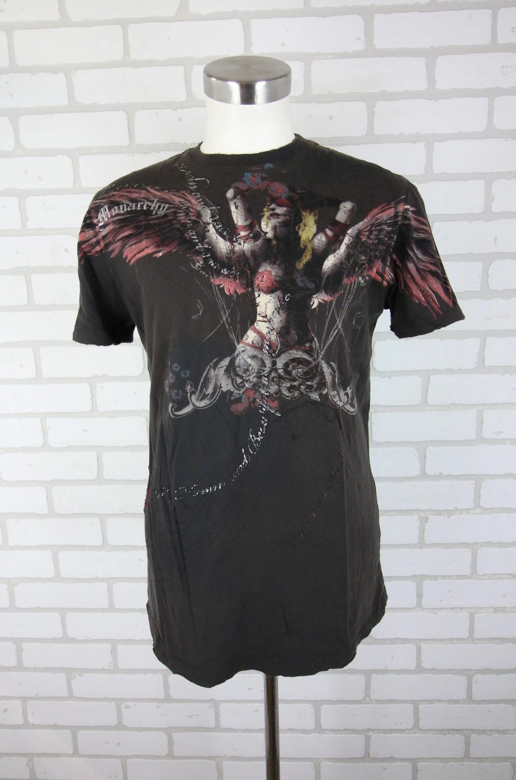 Monarchy T-Shirt Mens L fits S 41" Chest Cyber Grunge Angel Graphic Wings Y2K