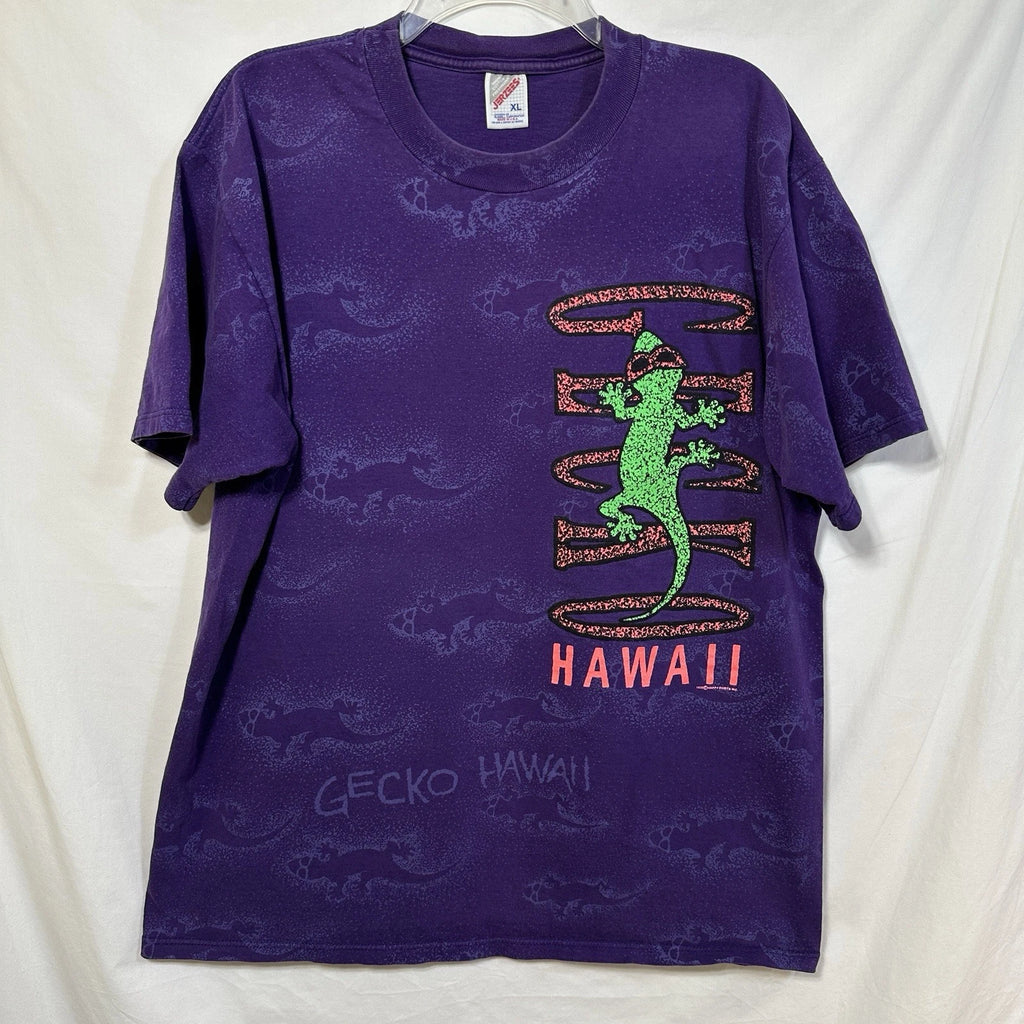 Vintage AOP Gecko Hawaii USA Made XL Jerzees T-Shirt 90's Beachwear Lizard Surf