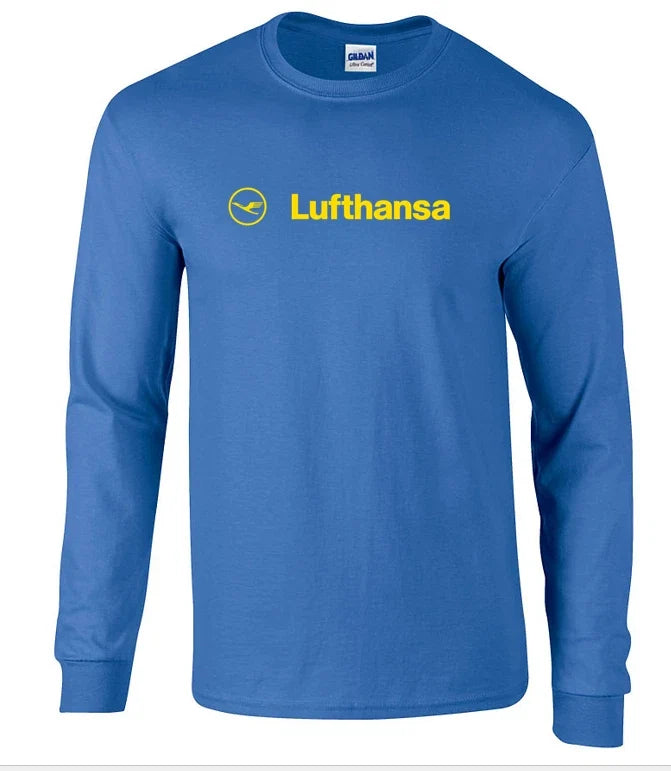 Royal Blue Lufthansa Vintage Logo German Airline T-Shirt Long Sleeve Shirt S-5XL