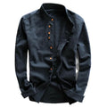 Japanese Style Cotton Linen Shirt Slim Fit Stand Collar Long Sleeve Casual Top