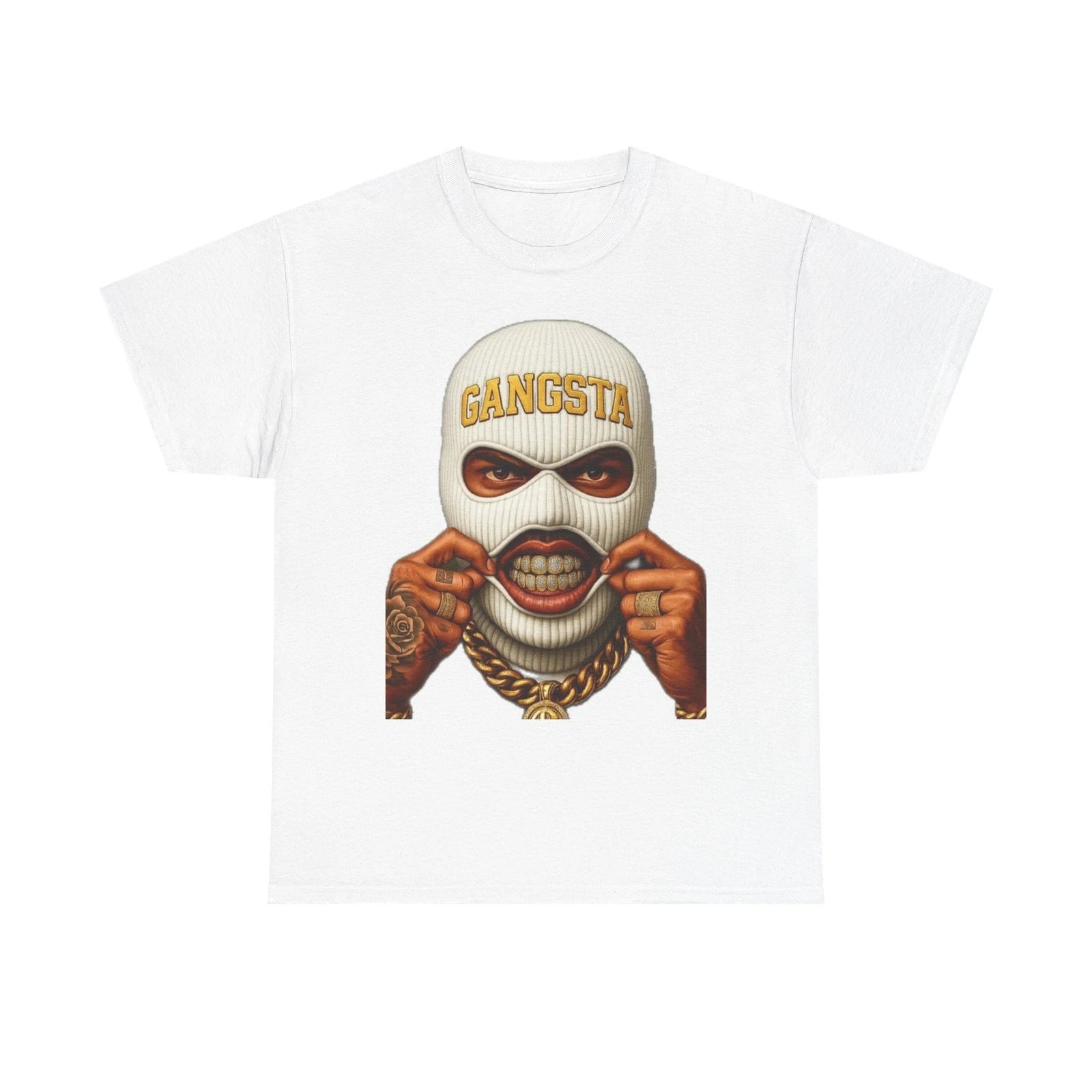 Gangsta Mask Skull Tee | Balaclava Illustration, Gold Chain Streetwear