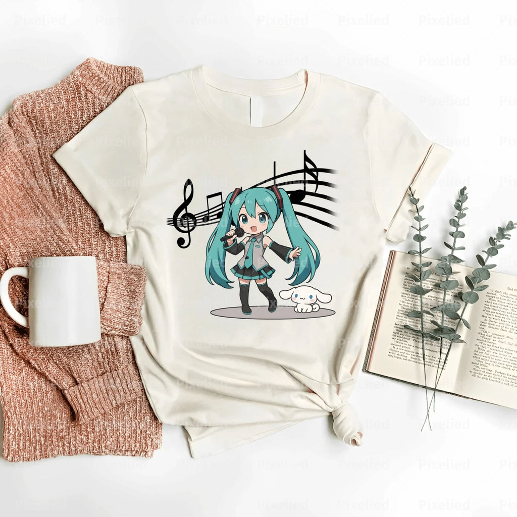 Hatsune Miku Anime Manga Girl Chibi Cute T-Shirt Singing Music Lover Singer Tee