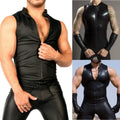 Men's Fashionable Shiny Leather Sleeveless Zip T shirt for Clubs and Events