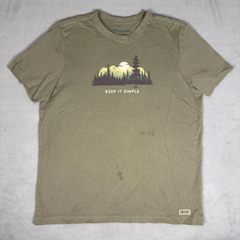 Life is Good Crusher Tee L Olive Green Keep It Simple Mountain Graphic T-Shirt