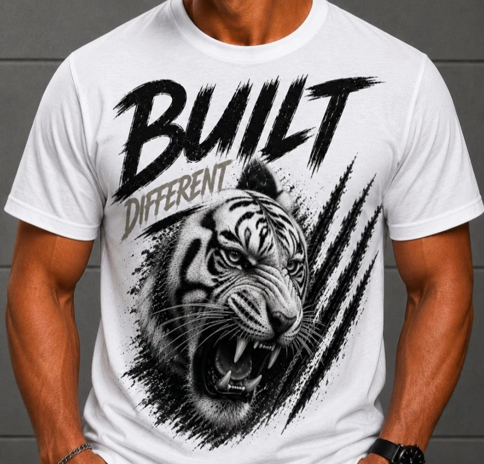 "Built Different" Roaring White Tiger Tee - Streetwear Graphic T-Shirt Men's