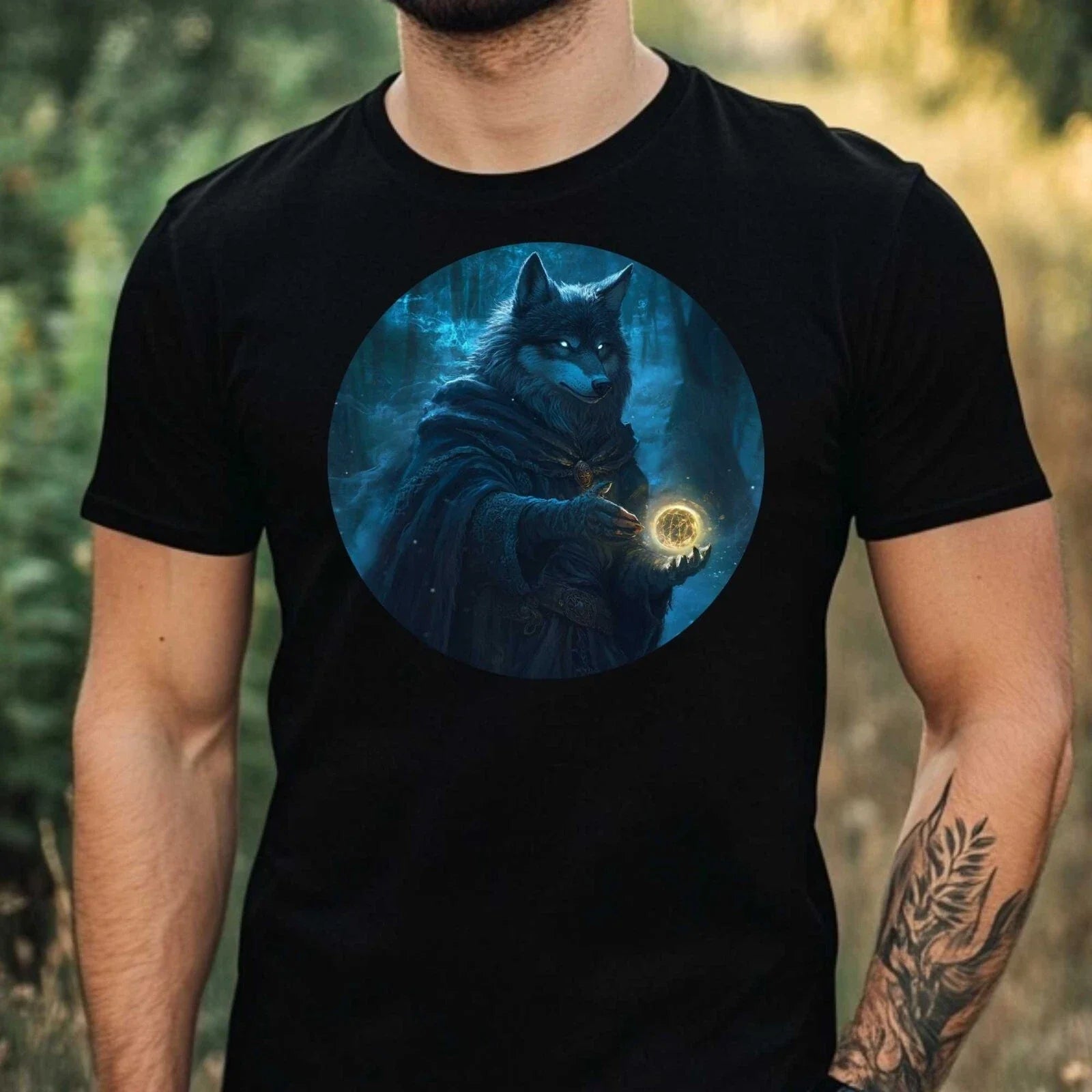 Men's Magic Wolf Wizard Motif Cotton T-Shirt Size XS to 5XL