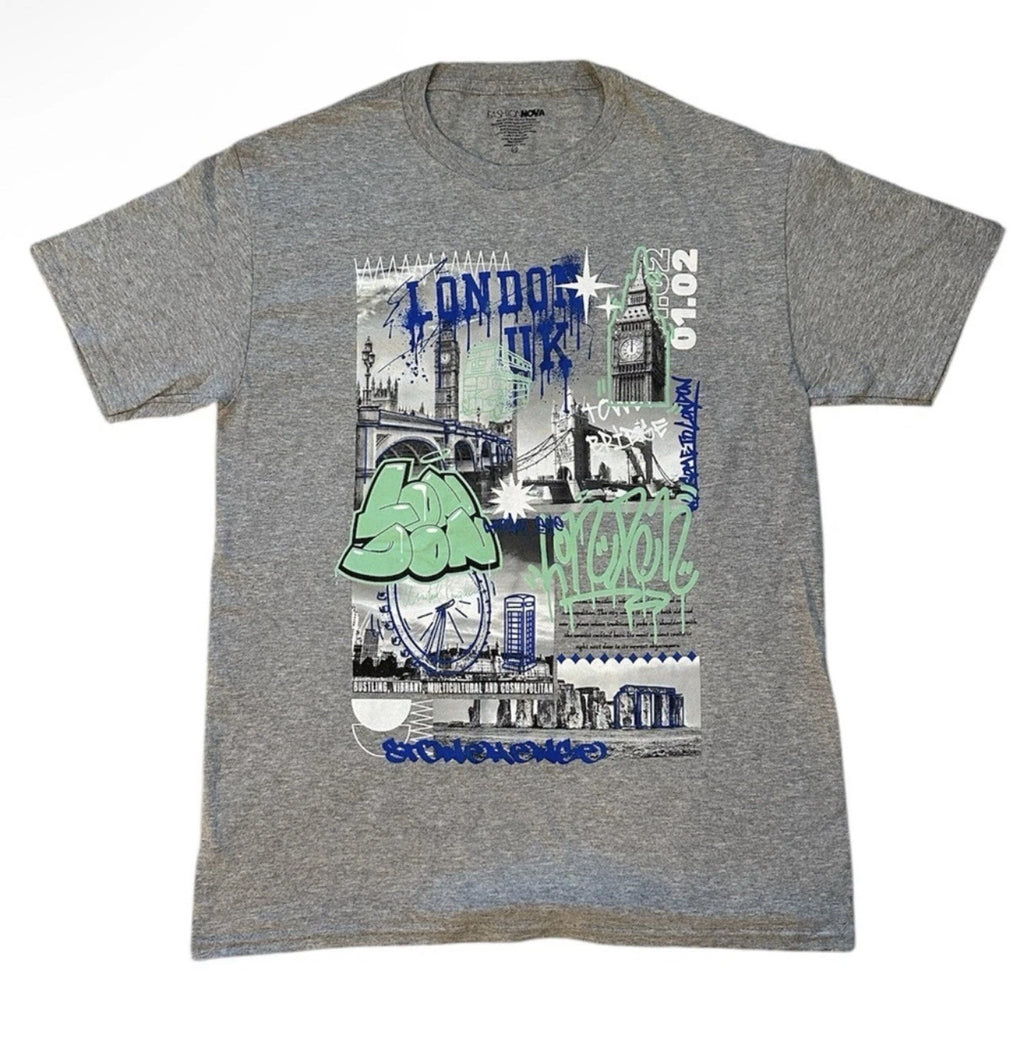 London Streetwear Graphic Tee Gray Size XS Graffiti Urban Unisex Y2K NWOT