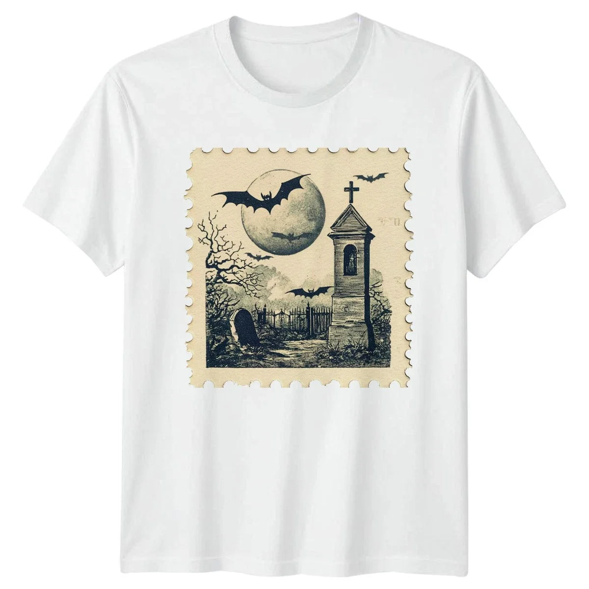 Vintage Halloween Graveyard Bats Moon Holidays Mens T-Shirt Womens Tee